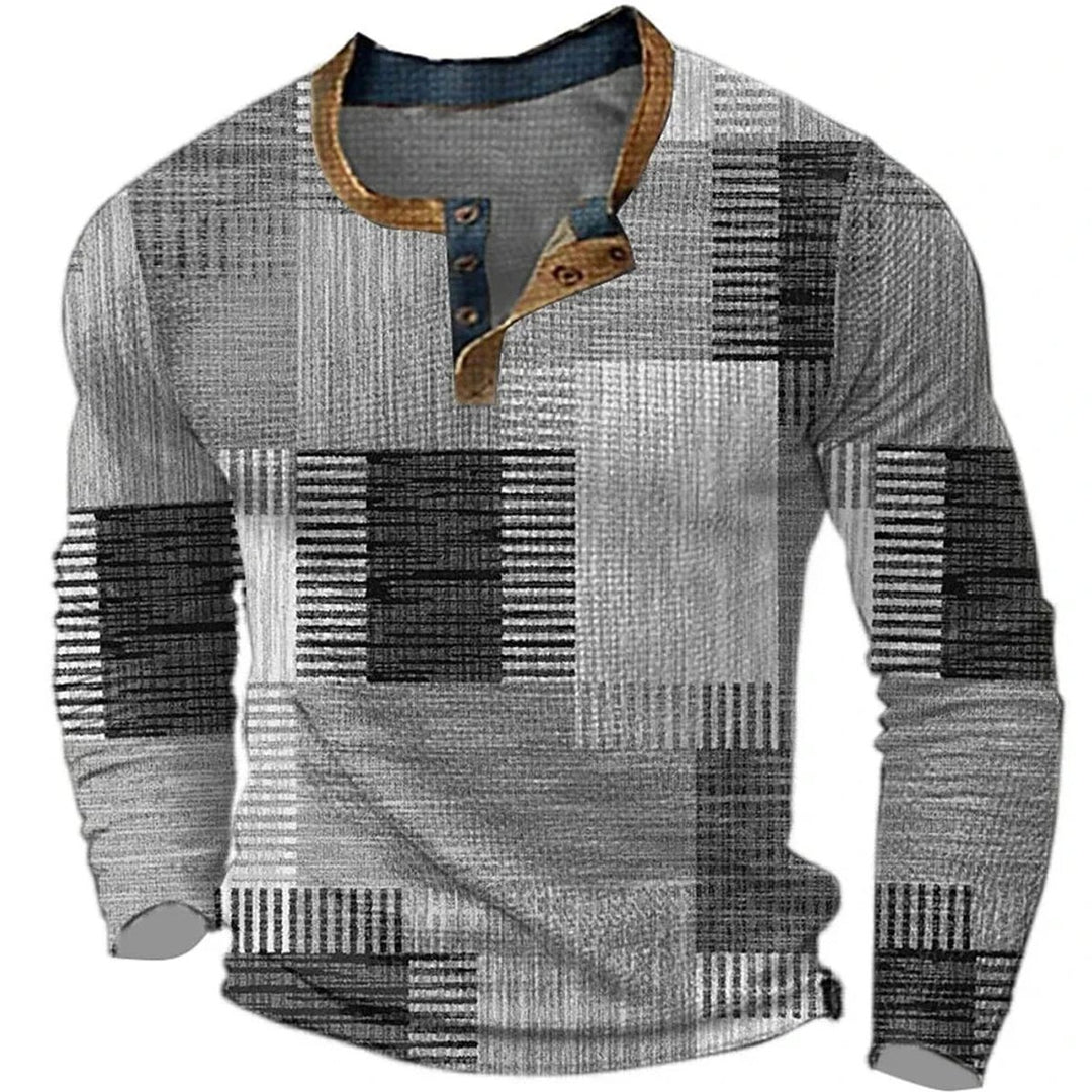 Men's Patchwork Colorblock Henley Long Sleeve Shirt - Gray