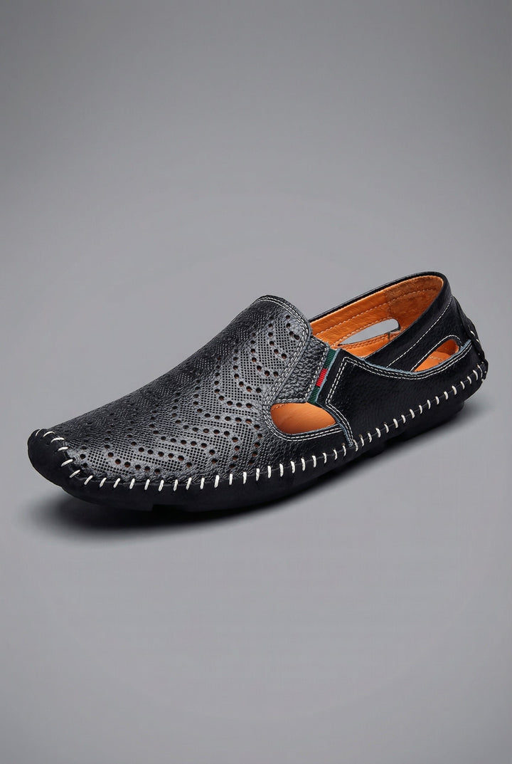 Men's Perforated Slip-On Breathable Casual Loafers - Black