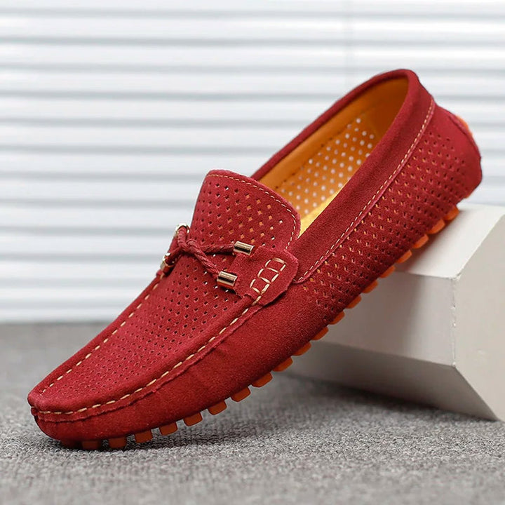 Men's Perforated Suede Slip-On Breathable Driving Loafers - Red