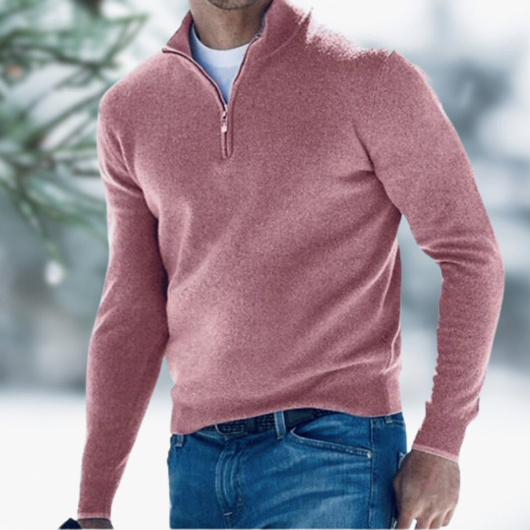 Men's Quarter-Zip Pullover Mens Knit Sweater Long Sleeve - Pink