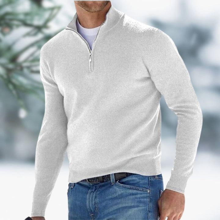 Men's Quarter-Zip Pullover Mens Knit Sweater Long Sleeve - White