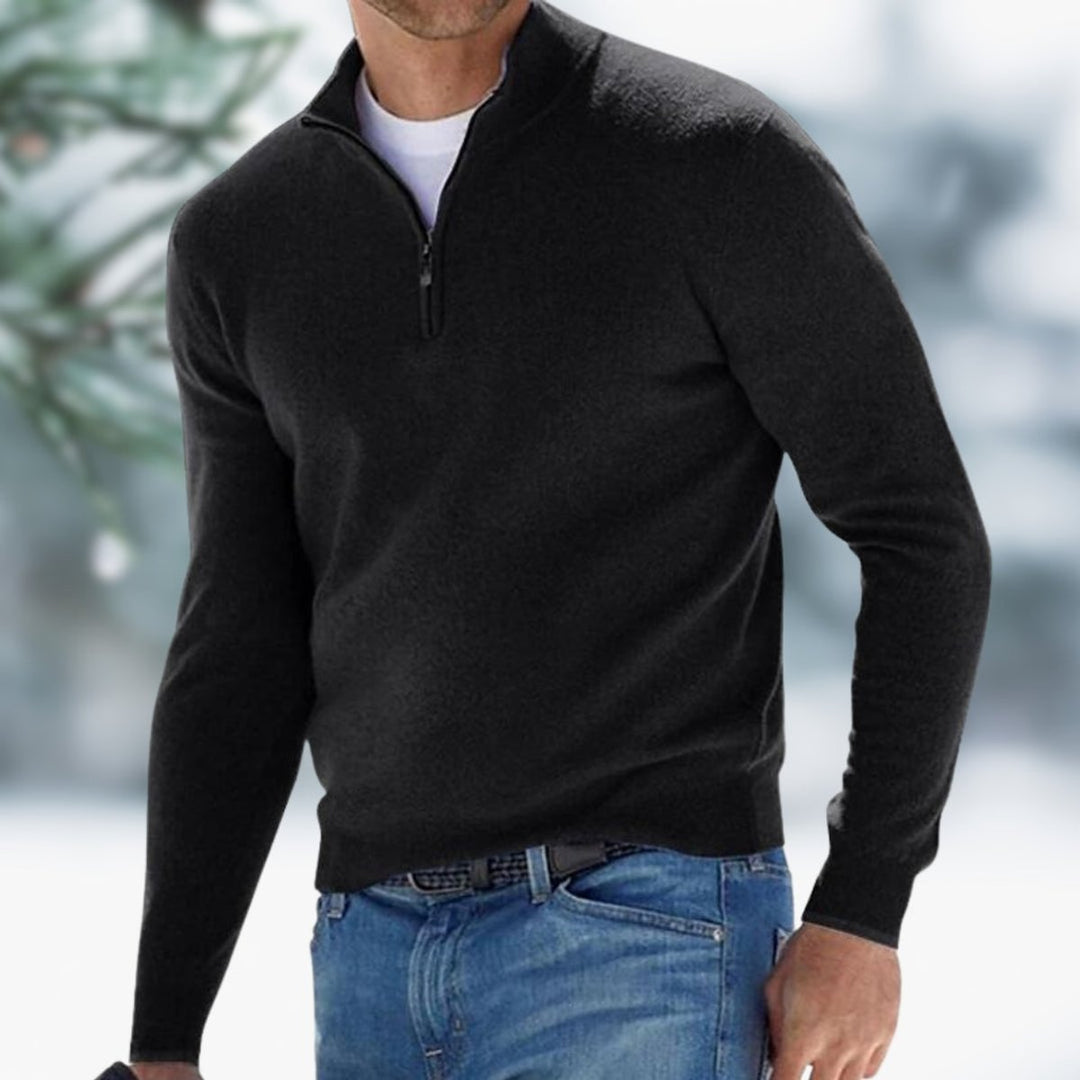 Men's Quarter-Zip Pullover Mens Knit Sweater Long Sleeve - Black