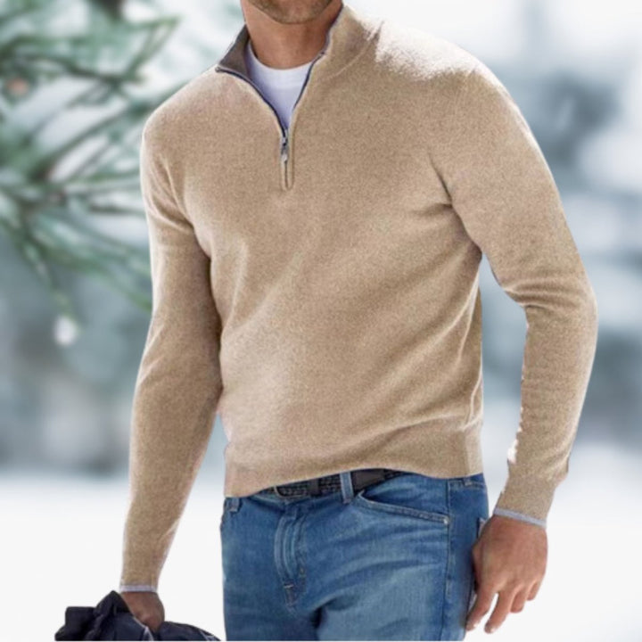 Men's Quarter-Zip Pullover Mens Knit Sweater Long Sleeve - Apricot