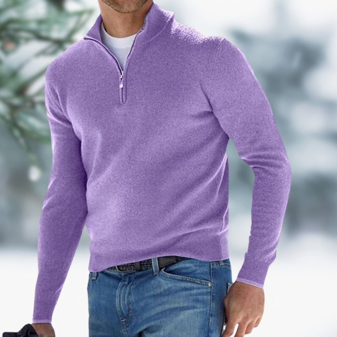 Men's Quarter-Zip Pullover Mens Knit Sweater Long Sleeve - Light Purple