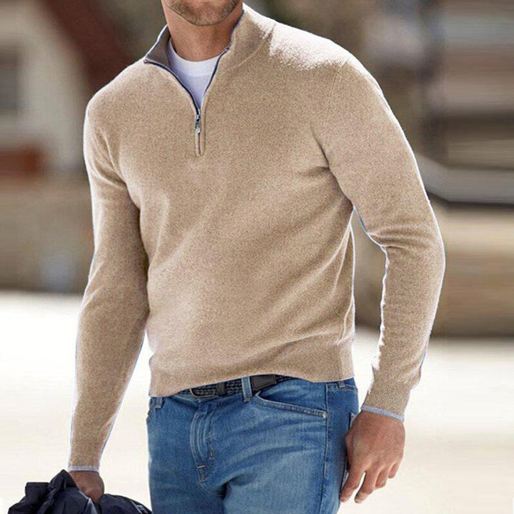 Men's Quarter-Zip Ribbed Knit Sweater Regular Fit Pullover - Beige