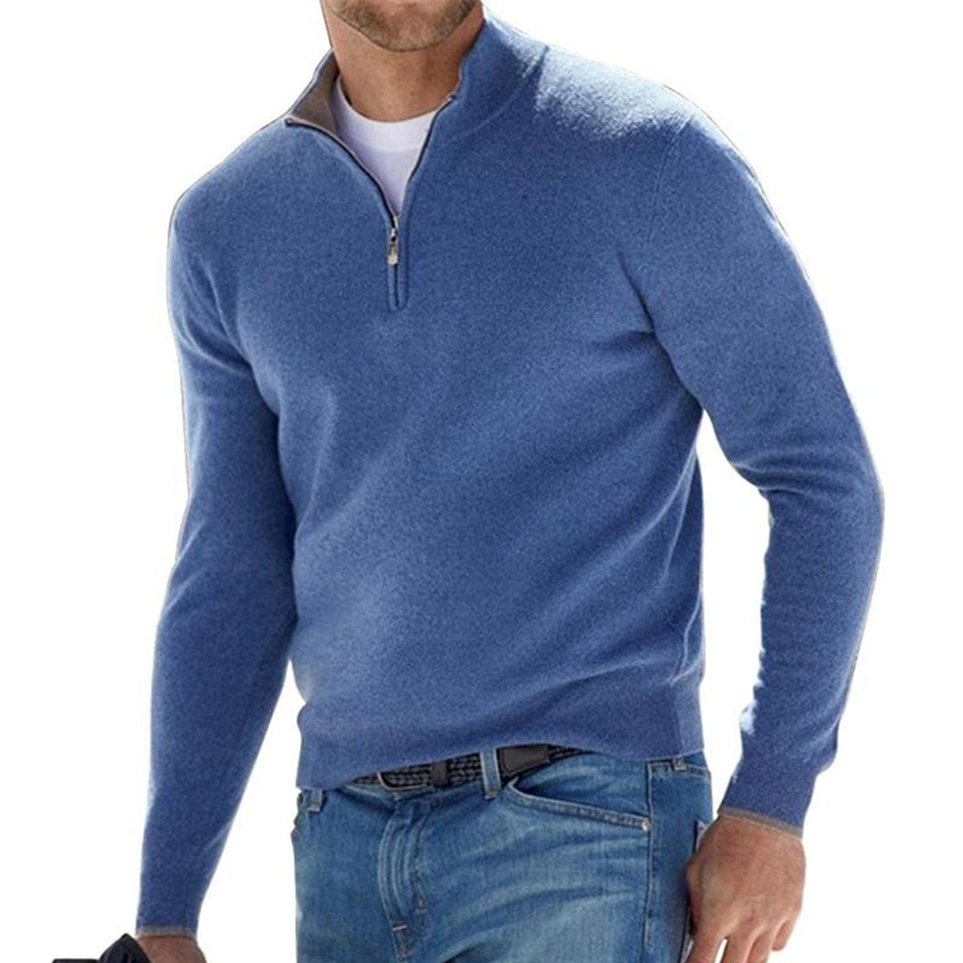 Men's Quarter-Zip Ribbed Knit Sweater Regular Fit Pullover - Blue
