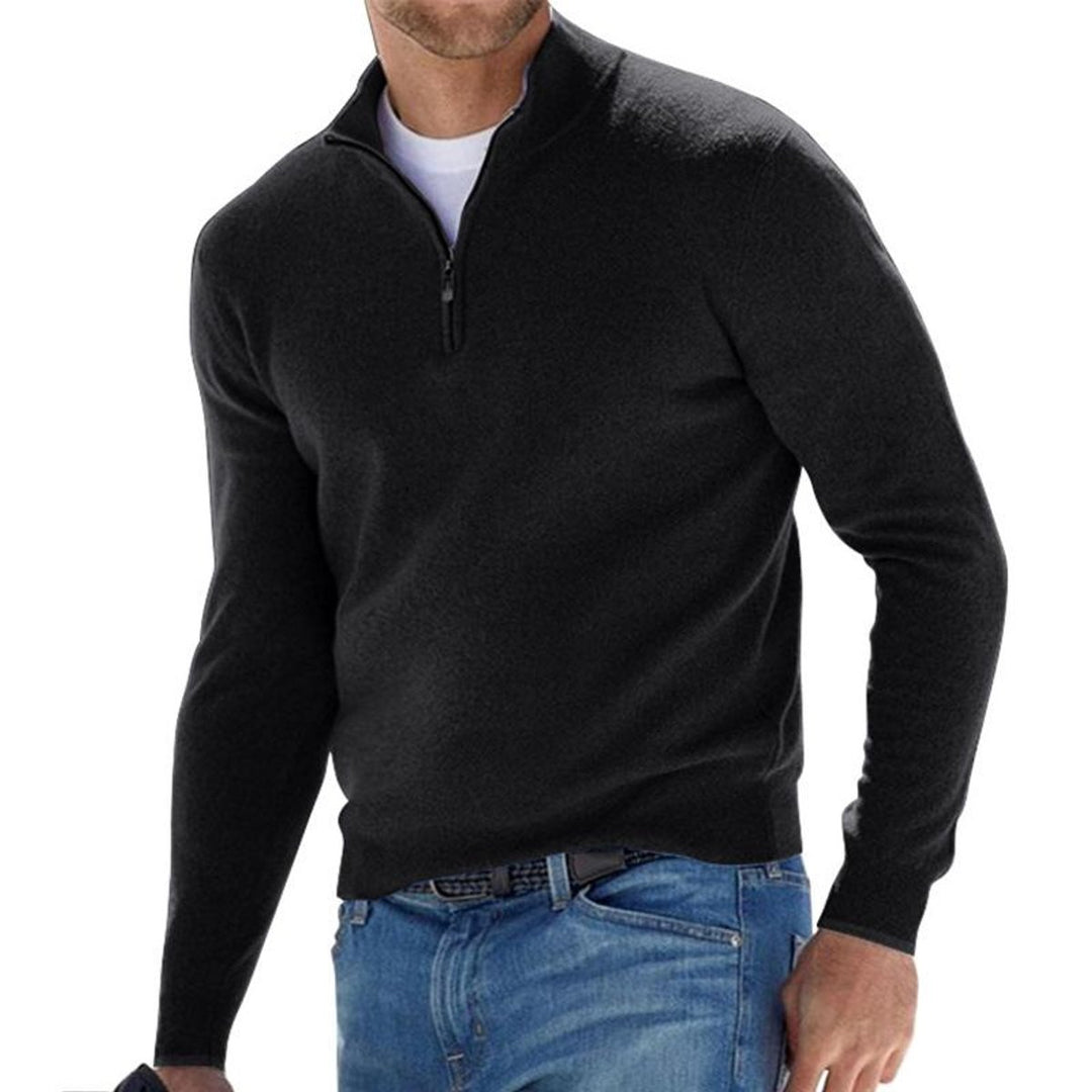 Men's Quarter-Zip Ribbed Knit Sweater Regular Fit Pullover - Black