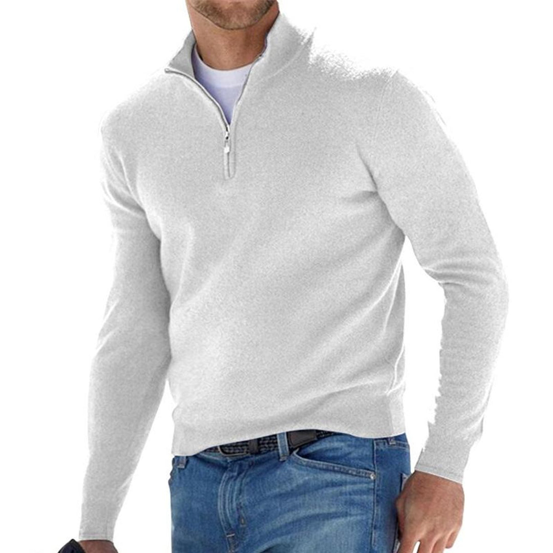 Men's Quarter-Zip Ribbed Knit Sweater Regular Fit Pullover - White