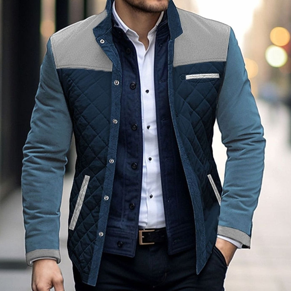 Men's Quilted Color-Block Stand-Collar Insulated Jacket - Khaki
