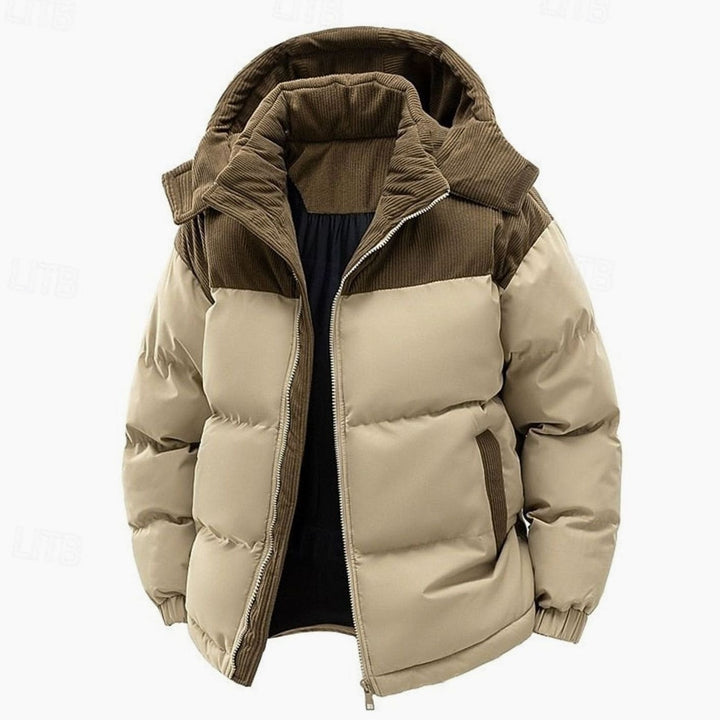 Men's Quilted Hooded Puffer Jacket Corduroy Two-Tone Insulated - Khaki