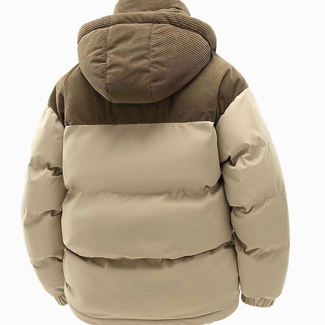 Men's Quilted Hooded Puffer Jacket Corduroy Two-Tone Insulated