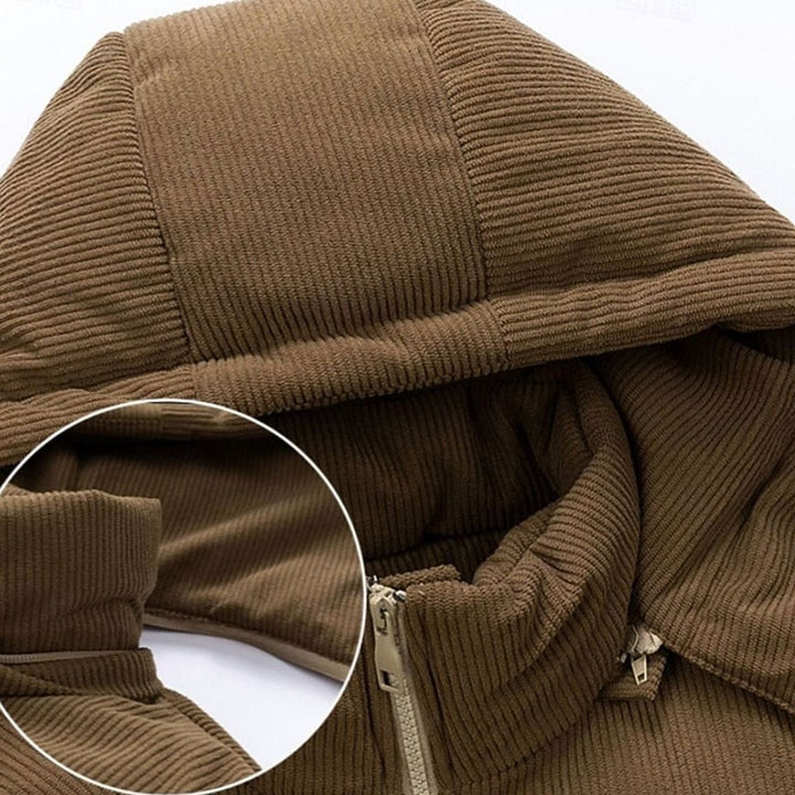 Men's Quilted Hooded Puffer Jacket Corduroy Two-Tone Insulated