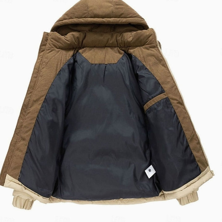 Men's Quilted Hooded Puffer Jacket Corduroy Two-Tone Insulated