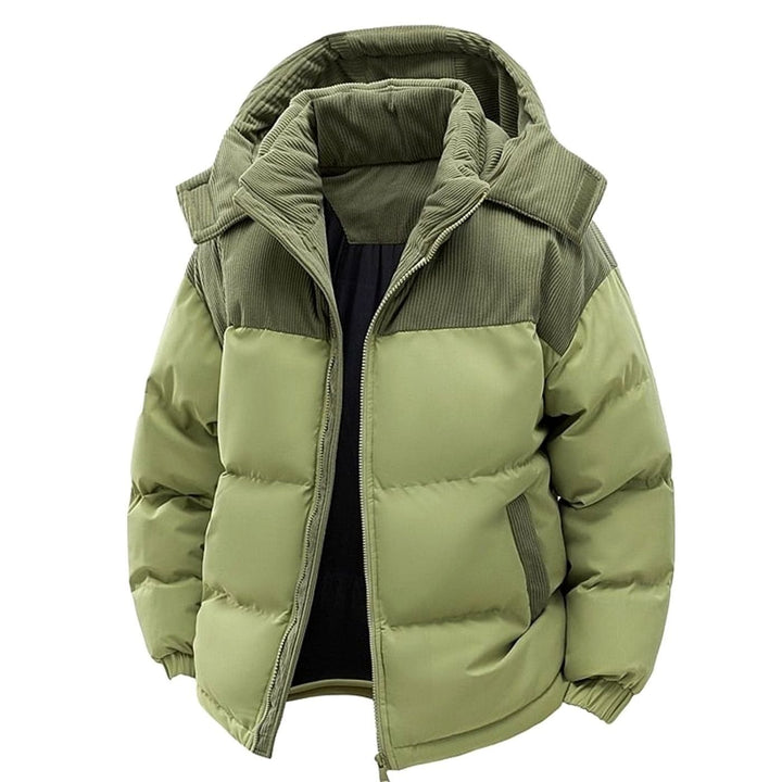 Men's Quilted Hooded Puffer Jacket Corduroy Two-Tone Insulated - Green