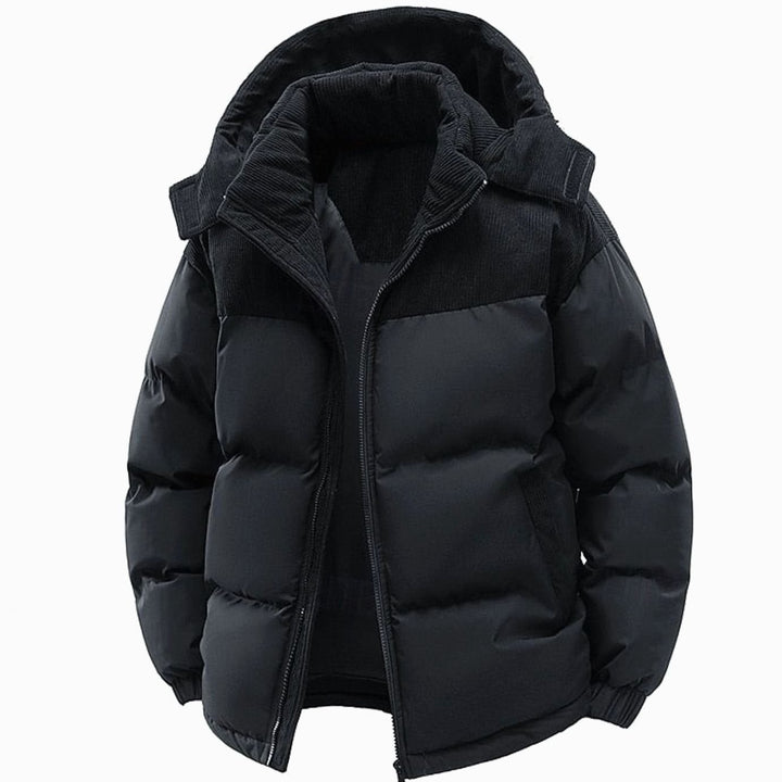 Men's Quilted Hooded Puffer Jacket Corduroy Two-Tone Insulated - Black