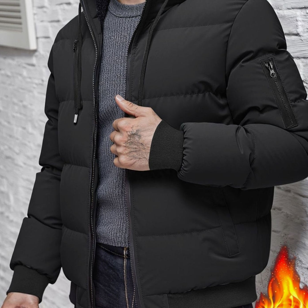 Men's Quilted Hooded Puffer Winter Jacket Ribbed Cuffs - Black