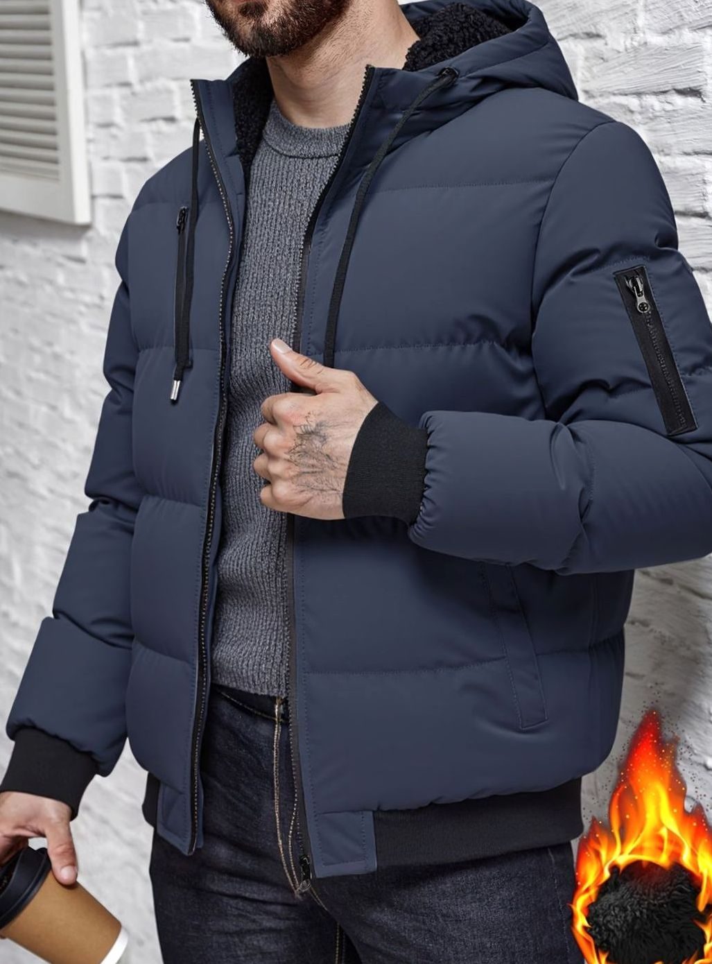 Men's Quilted Hooded Puffer Winter Jacket Ribbed Cuffs