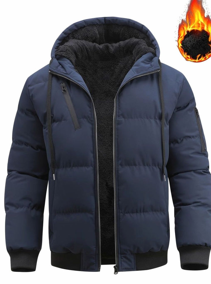Men's Quilted Hooded Puffer Winter Jacket Ribbed Cuffs