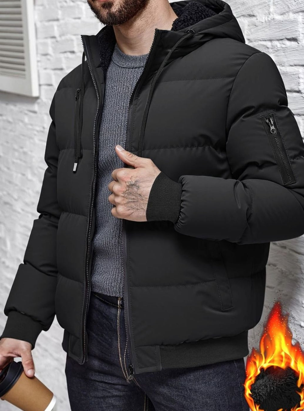 Men's Quilted Hooded Puffer Winter Jacket Ribbed Cuffs