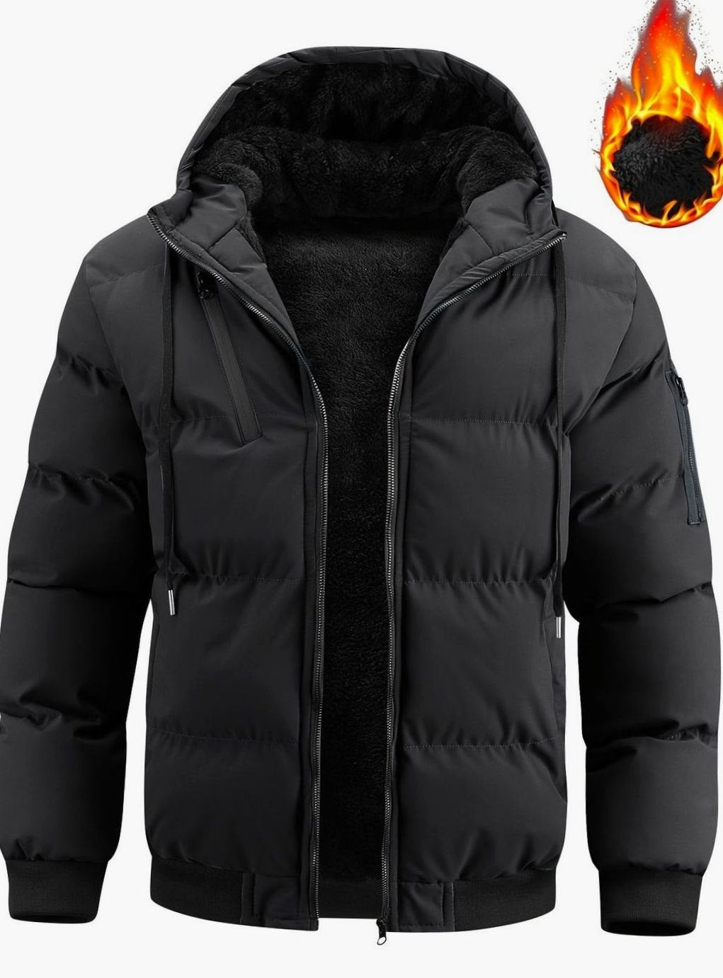 Men's Quilted Hooded Puffer Winter Jacket Ribbed Cuffs