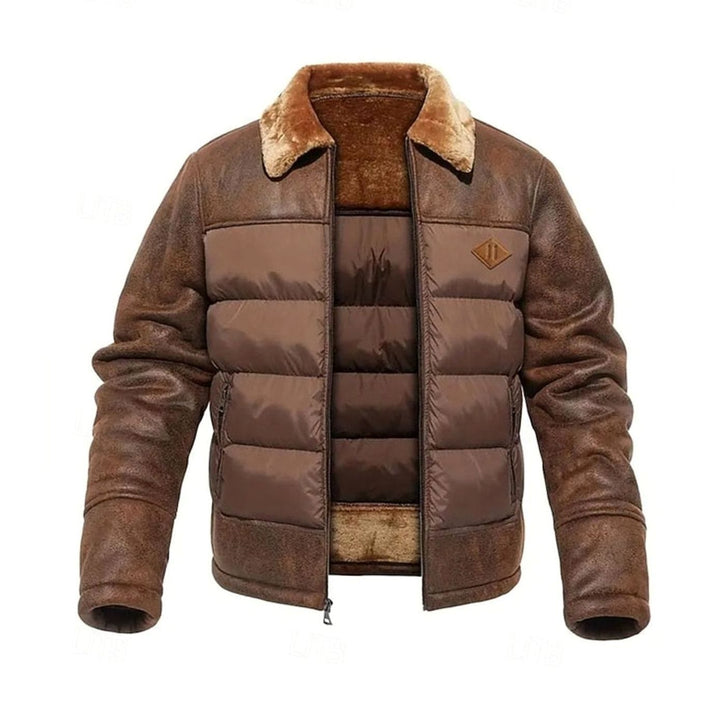 Men's Quilted Jacket Insulated Faux Leather Fleece-Collar Winter Coat - Dark Brown
