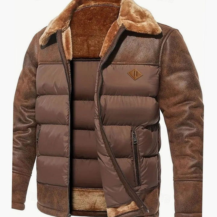Men's Quilted Jacket Insulated Faux Leather Fleece-Collar Winter Coat