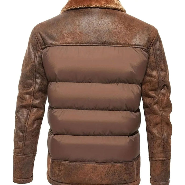Men's Quilted Jacket Insulated Faux Leather Fleece-Collar Winter Coat