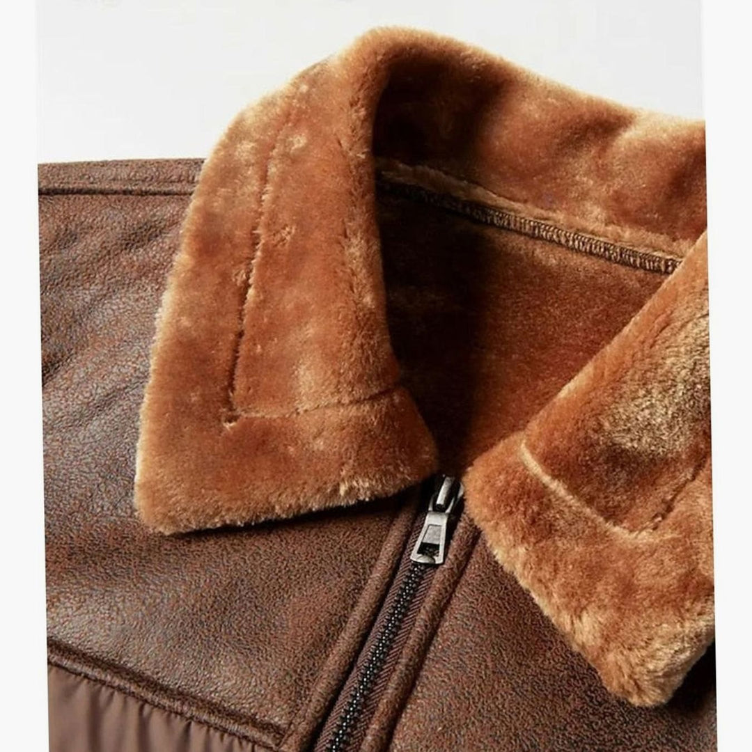 Men's Quilted Jacket Insulated Faux Leather Fleece-Collar Winter Coat