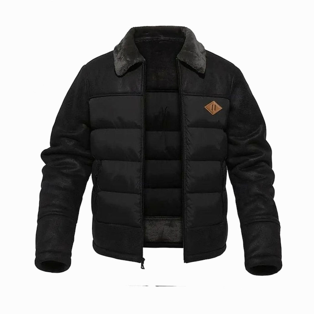 Men's Quilted Jacket Insulated Faux Leather Fleece-Collar Winter Coat - Black