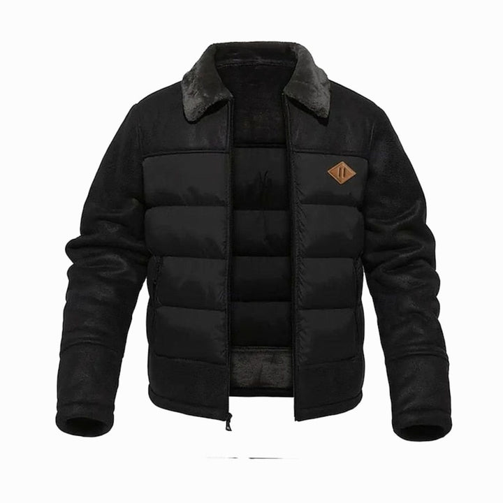 Men's Quilted Jacket Insulated Faux Leather Fleece-Collar Winter Coat - Black