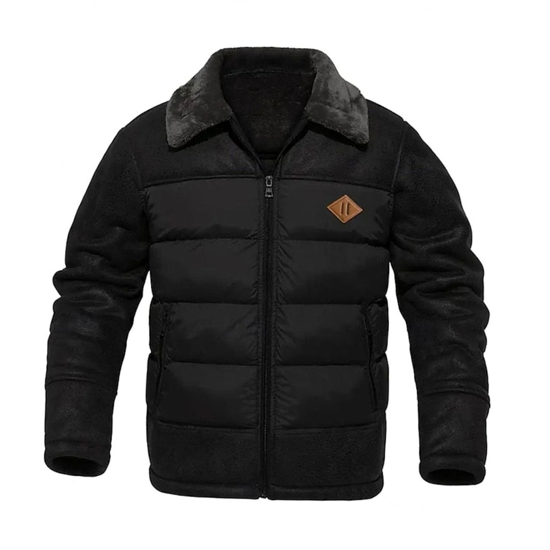 Men's Quilted Jacket Insulated Faux Leather Fleece-Collar Winter Coat