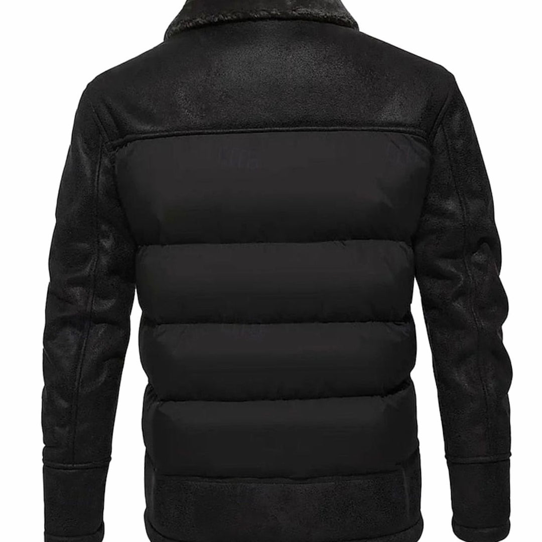 Men's Quilted Jacket Insulated Faux Leather Fleece-Collar Winter Coat