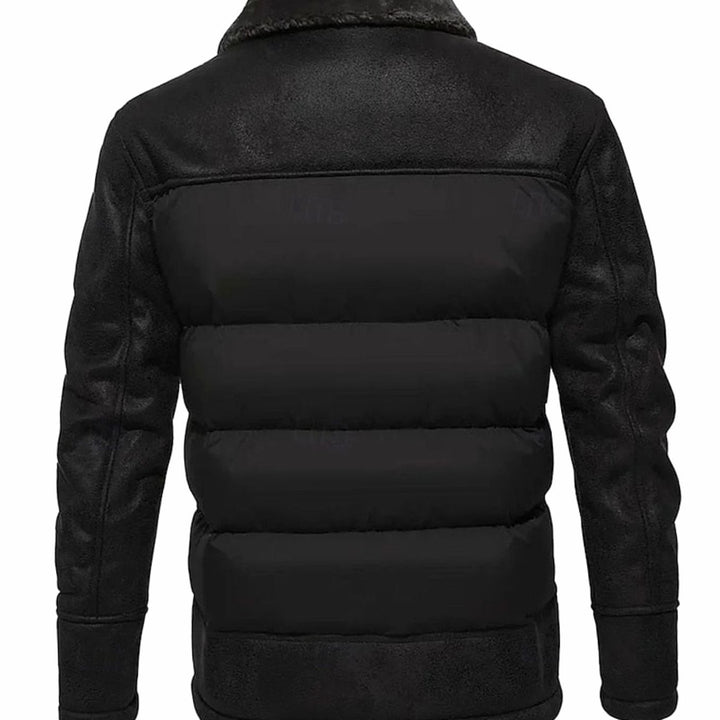 Men's Quilted Jacket Insulated Faux Leather Fleece-Collar Winter Coat