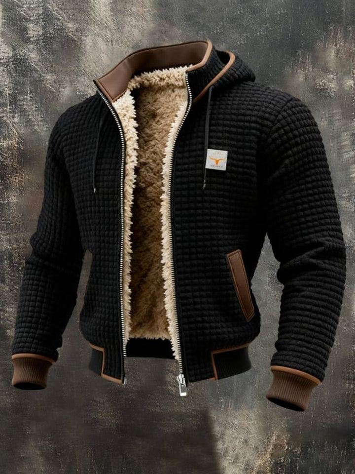 Men's Quilted Jacket Sherpa Fleece Lined Hooded Full-Zip Winter Coat - Black