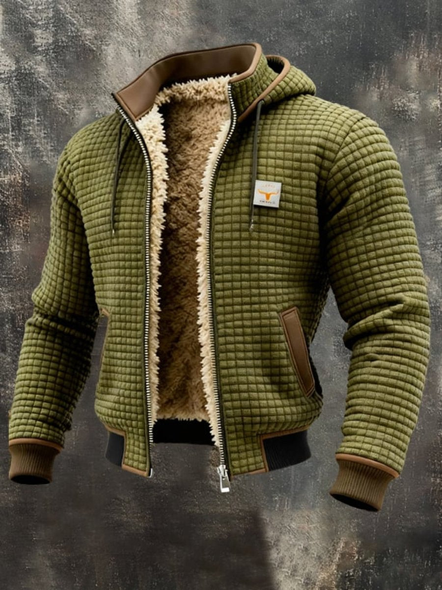 Men's Quilted Jacket Sherpa Fleece Lined Hooded Full-Zip Winter Coat - Olive Green