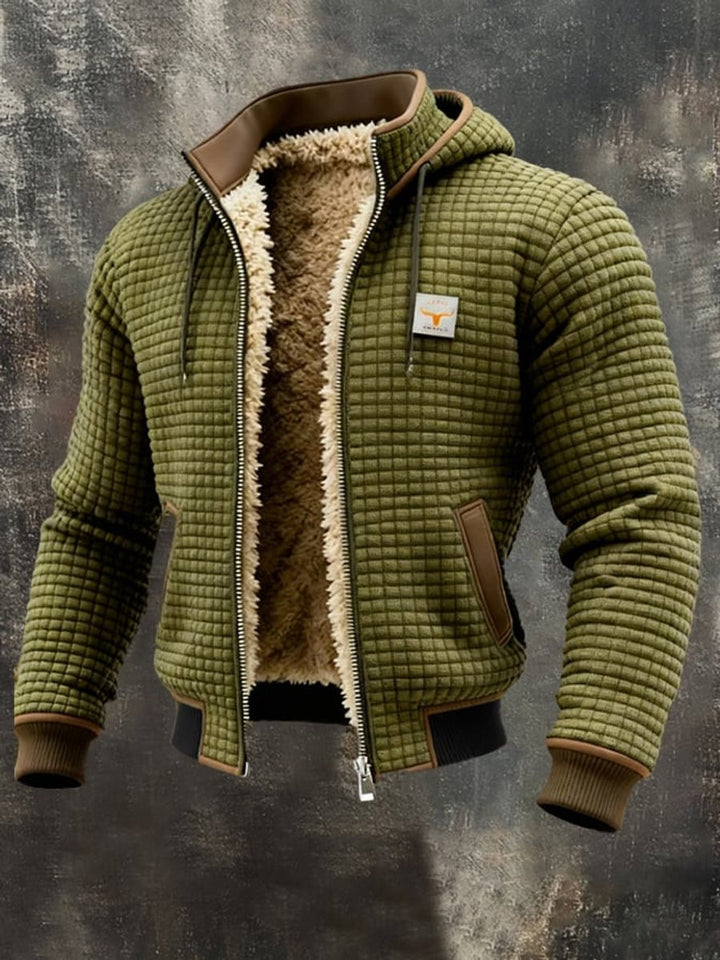 Men's Quilted Jacket Sherpa Fleece Lined Hooded Full-Zip Winter Coat - Olive Green