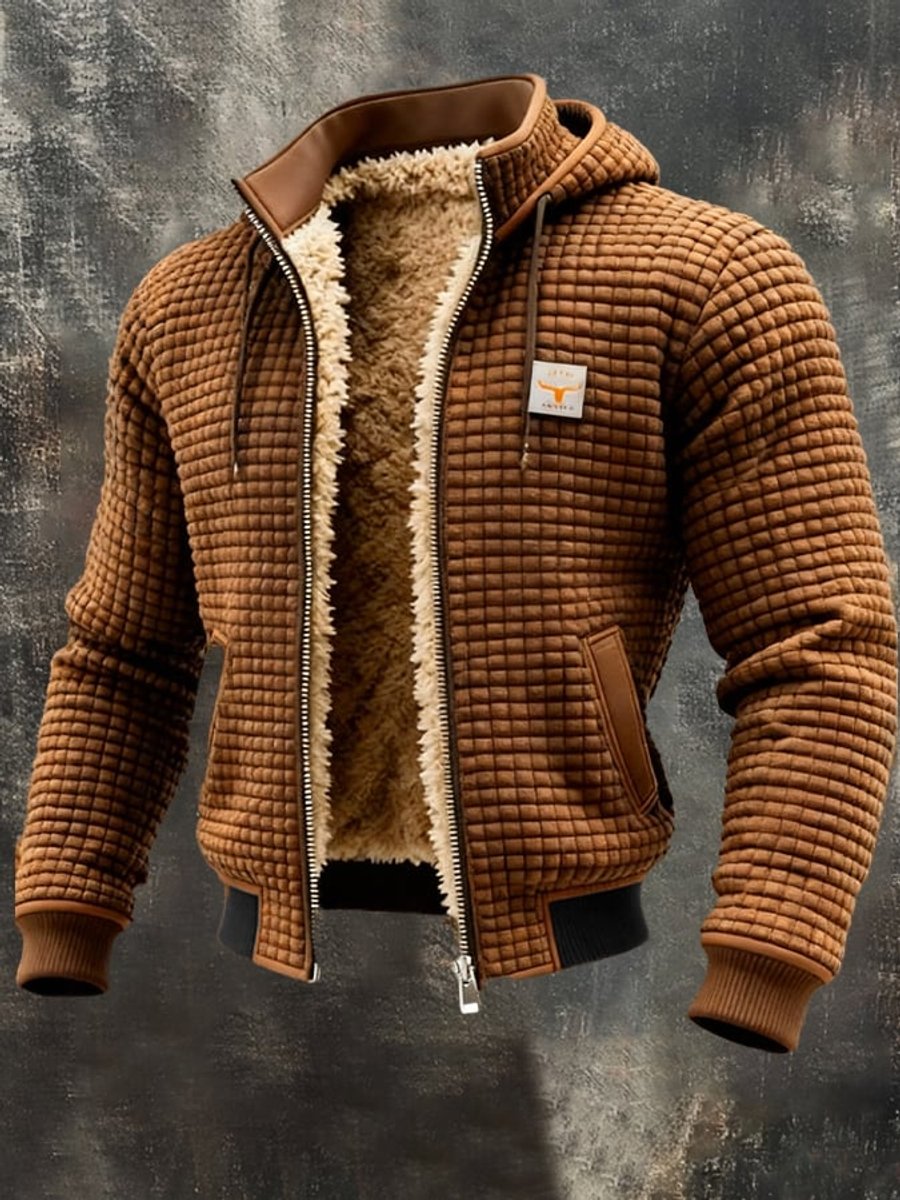 Men's Quilted Jacket Sherpa Fleece Lined Hooded Full-Zip Winter Coat - Brown