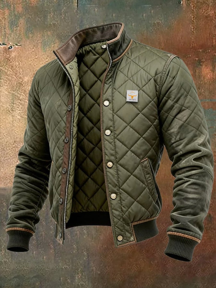 Men's Quilted Jacket Stand Collar Insulated Bomber - Green