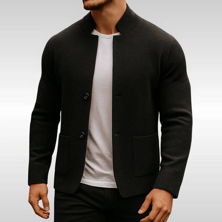 Mens Quilted Jacket Textured Knit Stand-Collar Button-Front Blazer - Black