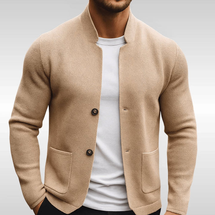 Mens Quilted Jacket Textured Knit Stand-Collar Button-Front Blazer - Beige