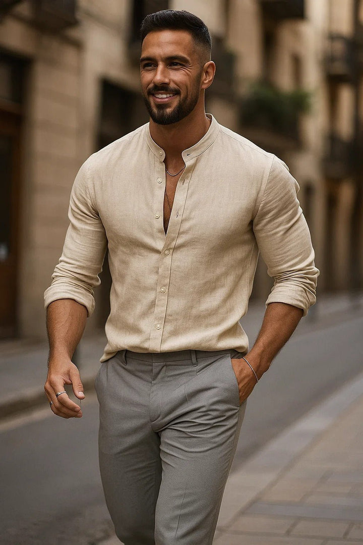 Men's Regular-Fit Band Collar Linen Long Sleeve Button-Up Shirt - Beige