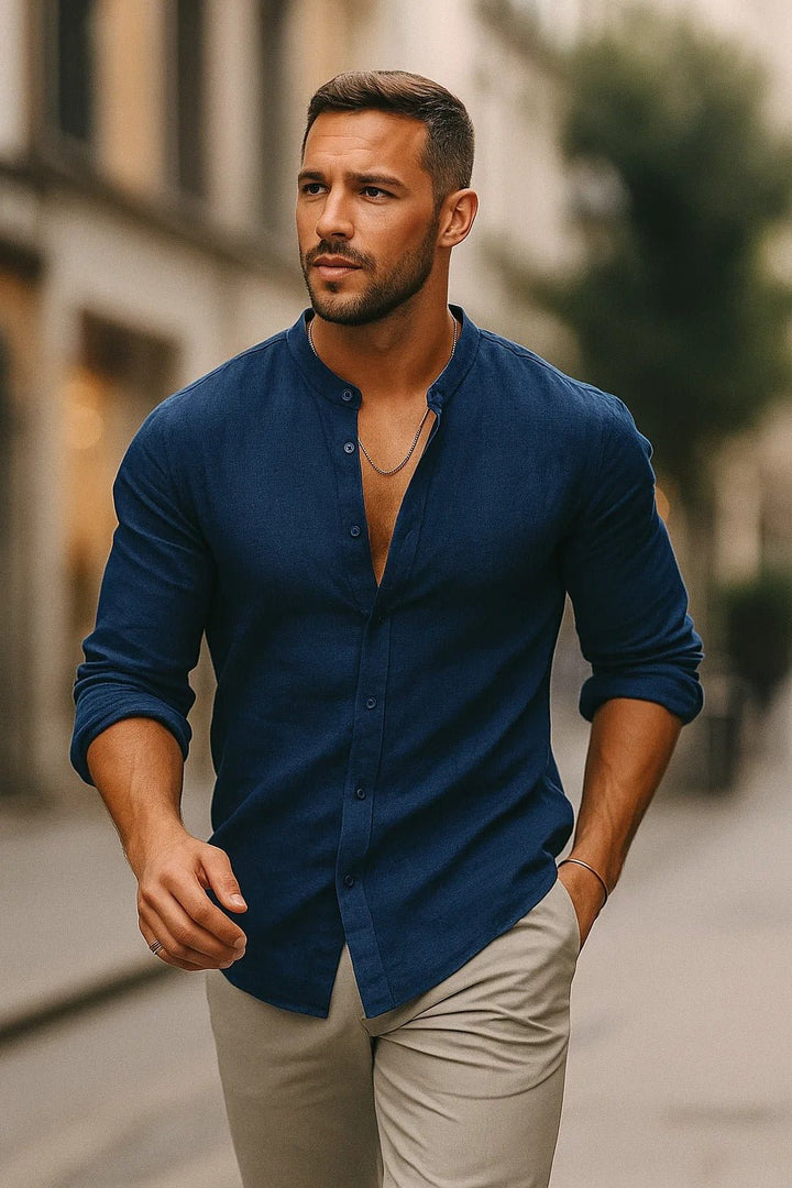 Men's Regular-Fit Band Collar Linen Long Sleeve Button-Up Shirt - Blue