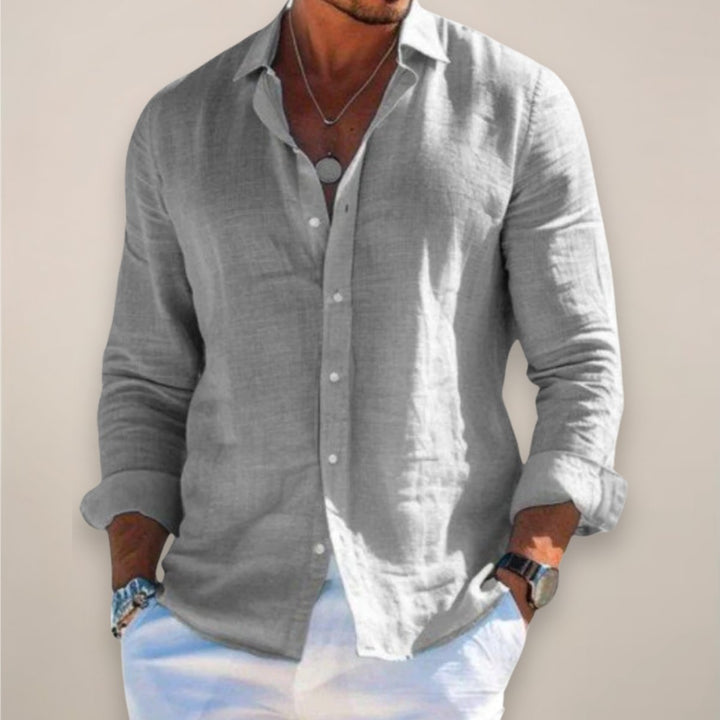 Men's Regular-Fit Long-Sleeve Linen Button-Up Shirt - Grey