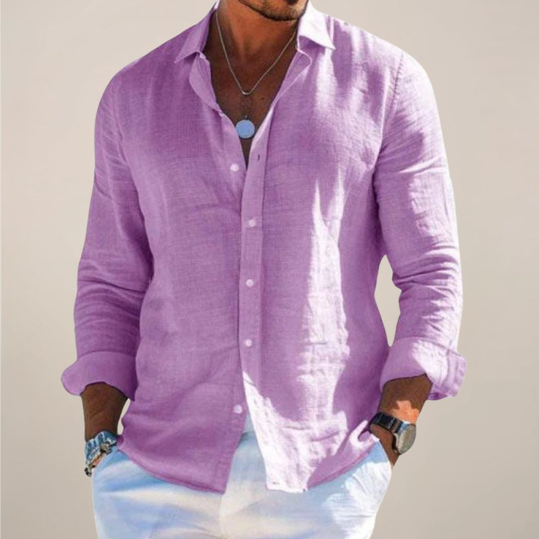 Men's Regular-Fit Long-Sleeve Linen Button-Up Shirt - Purple
