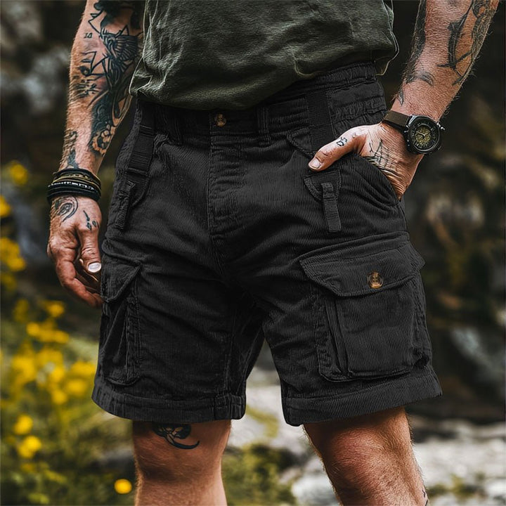 Men's Relaxed-Fit Corduroy Cargo Shorts Knee-Length Multi-Pocket - Black