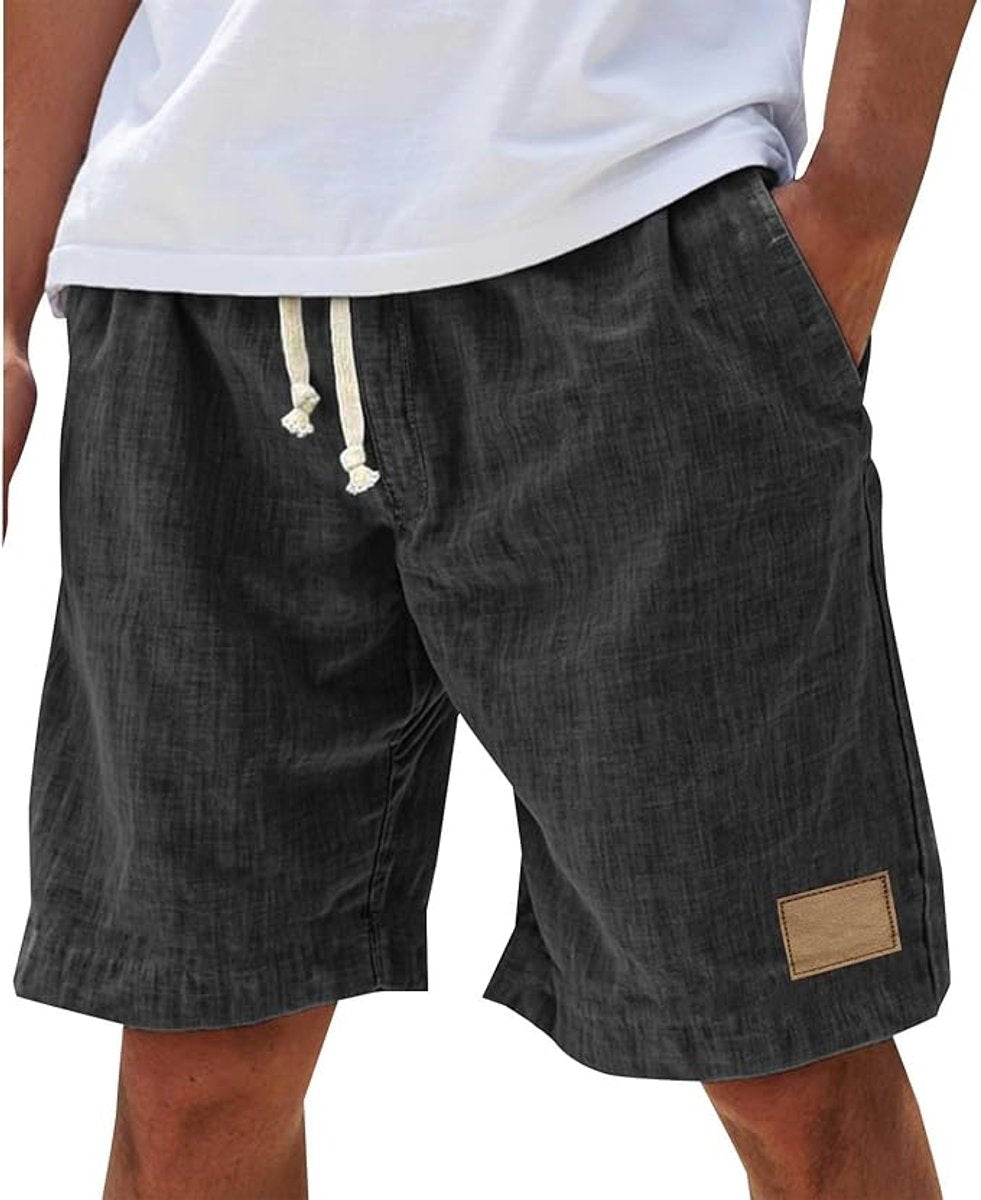 Men's Relaxed-Fit Drawstring Linen Casual Shorts - Black