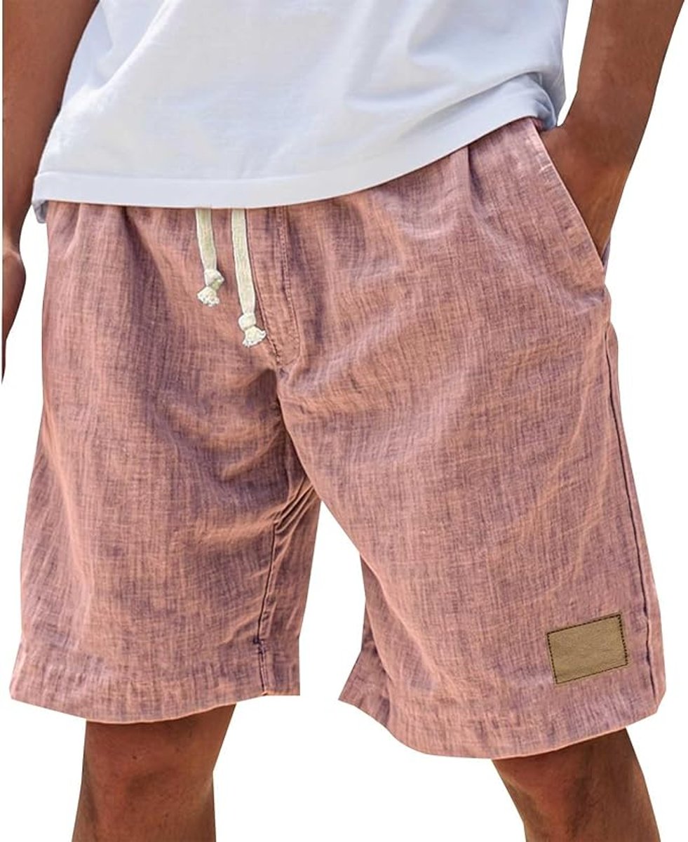 Men's Relaxed-Fit Drawstring Linen Casual Shorts - Pink