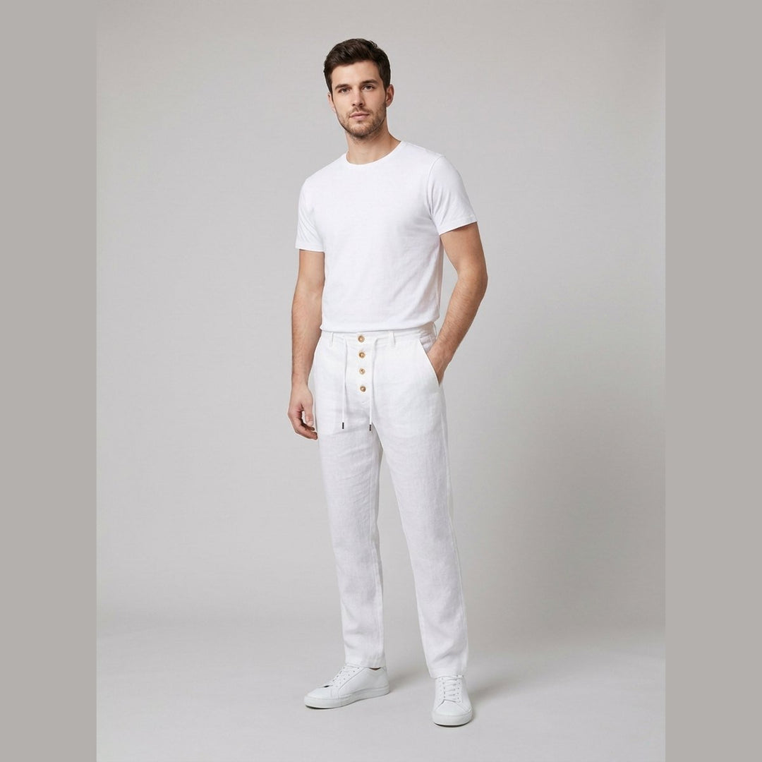 Men's Relaxed-Fit Drawstring Linen Pants - White