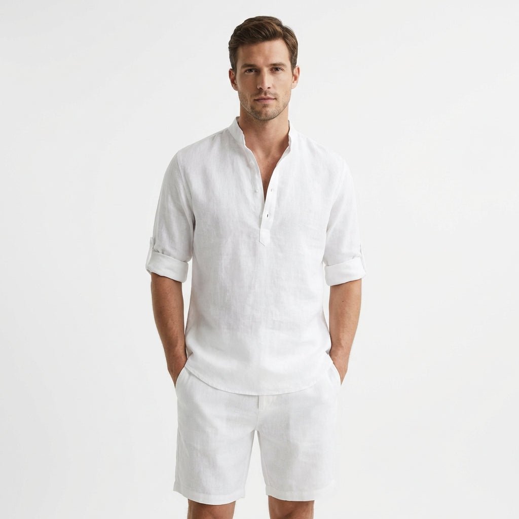 Men's Relaxed-Fit Linen Henley Mao-Collar Long-Sleeve Shirt - Blanco