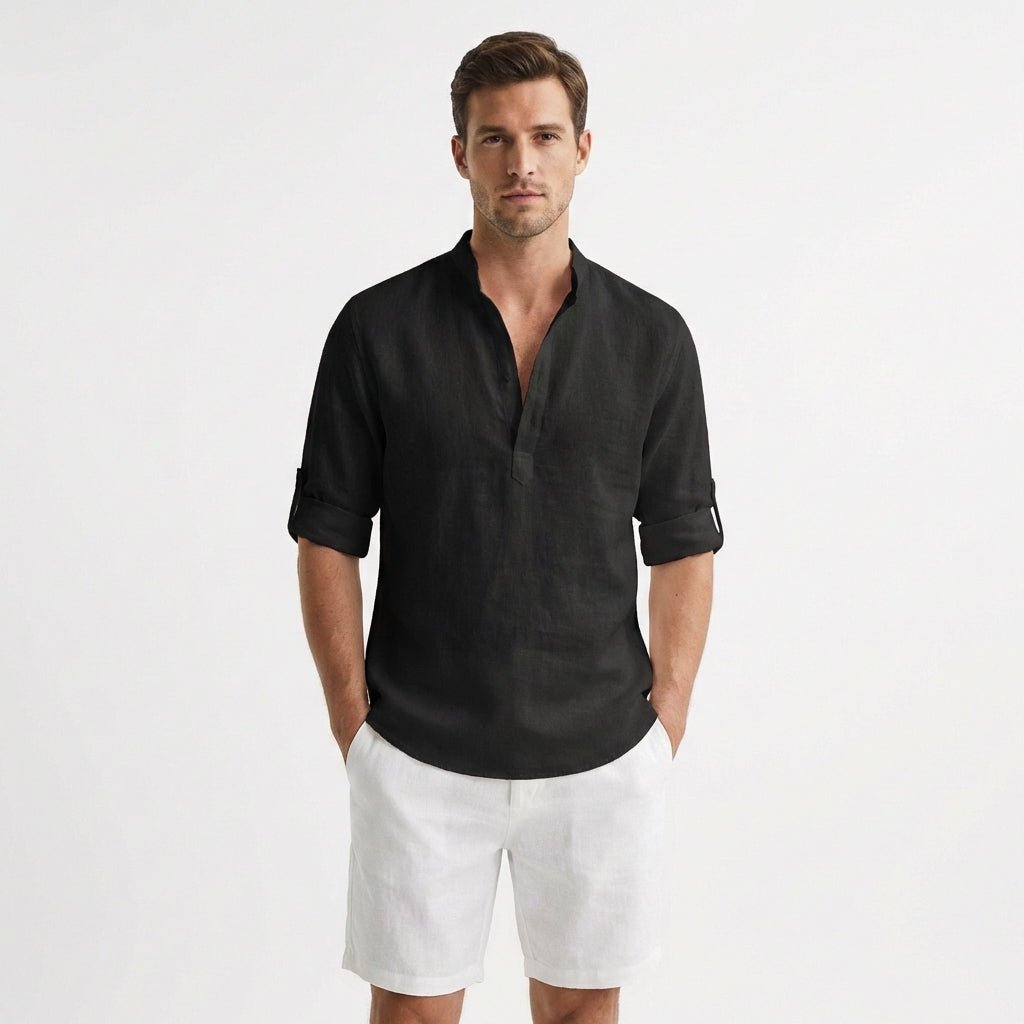 Men's Relaxed-Fit Linen Henley Mao-Collar Long-Sleeve Shirt - Negro